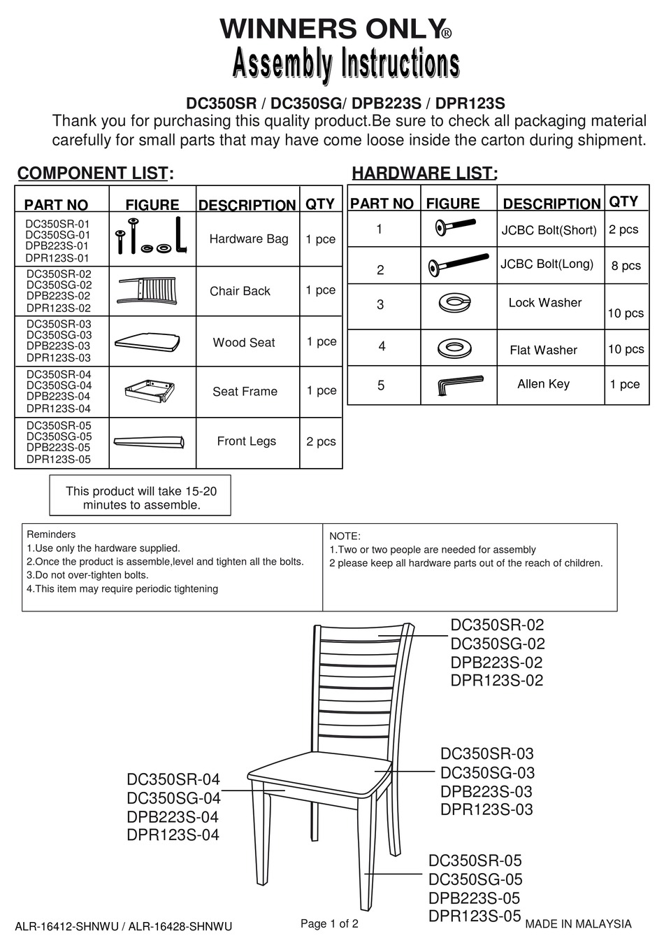 WINNERS ONLY DC350SR ASSEMBLY INSTRUCTIONS Pdf Download ManualsLib
