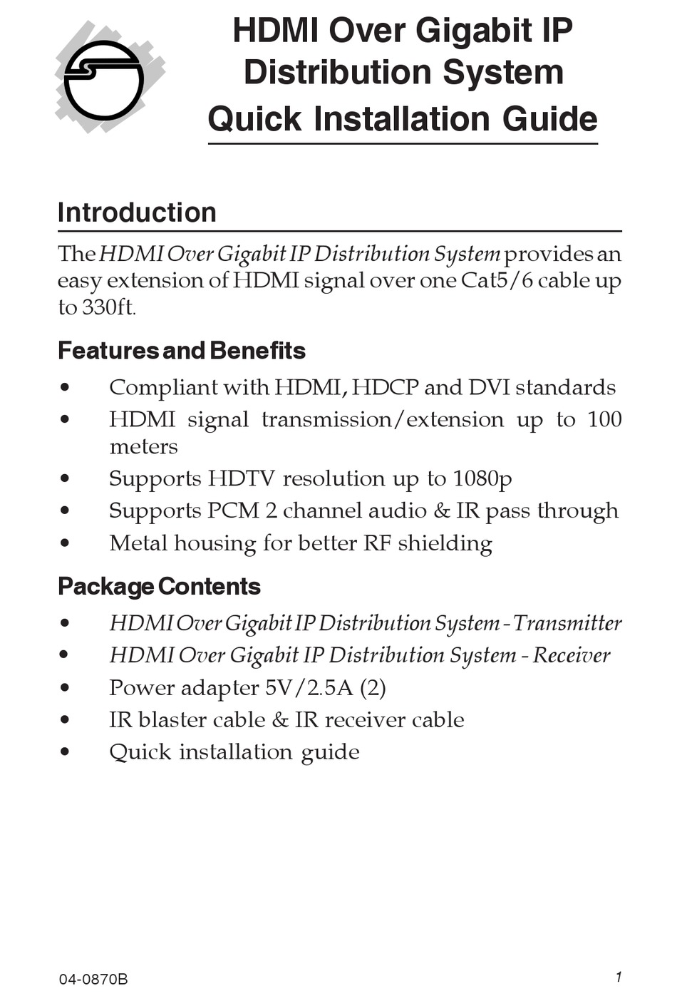 SIIG HDMI OVER GIGABIT IP DISTRIBUTION SYSTEM QUICK INSTALLATION MANUAL