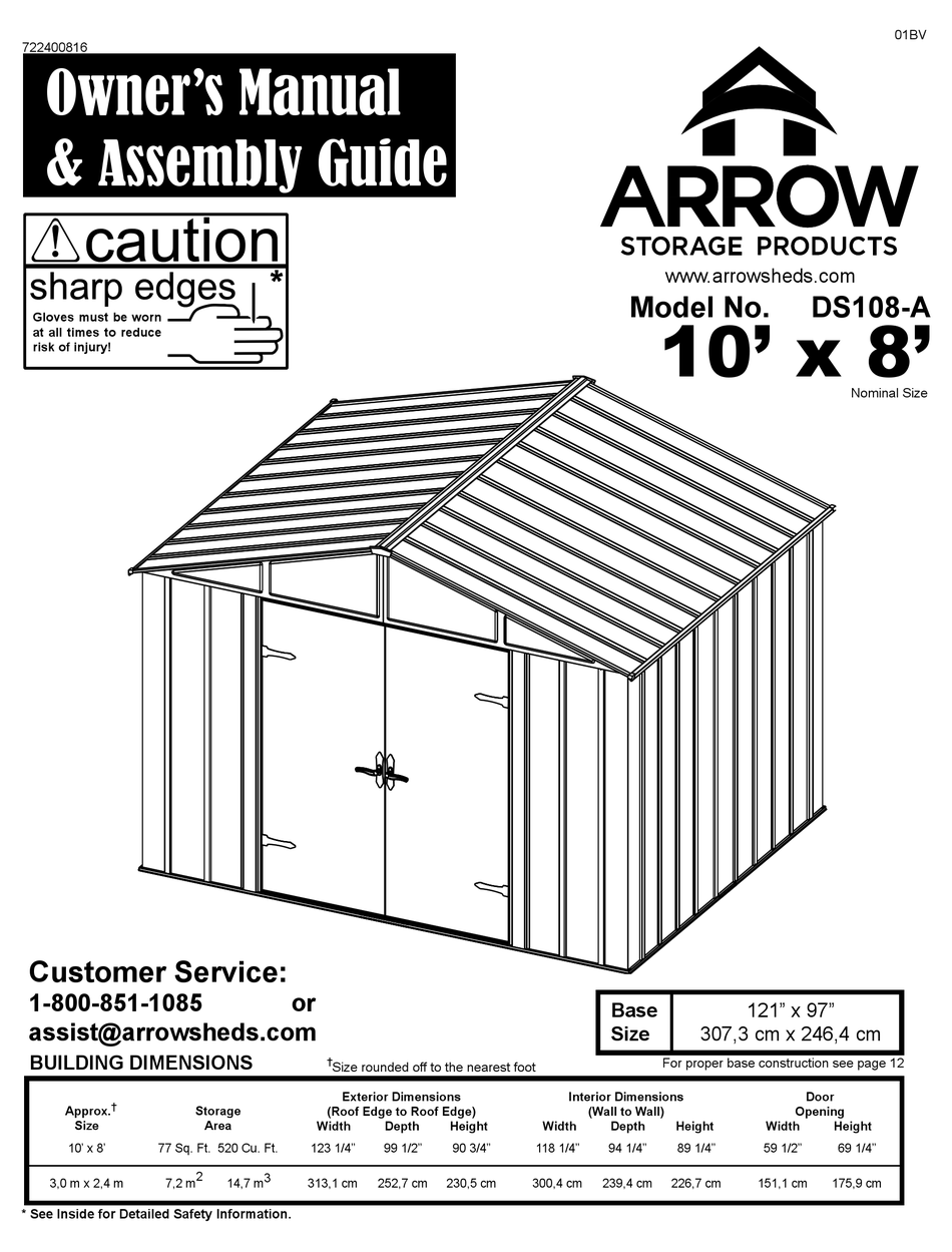 ARROW STORAGE PRODUCTS DS108A OWNER'S MANUAL & ASSEMBLY MANUAL Pdf