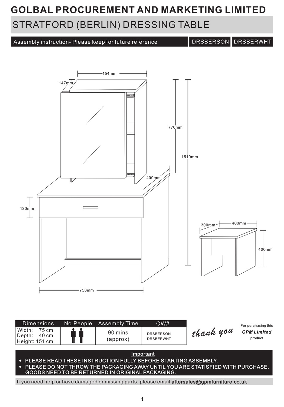 GPM STRATFORD DRESSING TABLE ASSEMBLY INSTRUCTION MANUAL Pdf Download ...