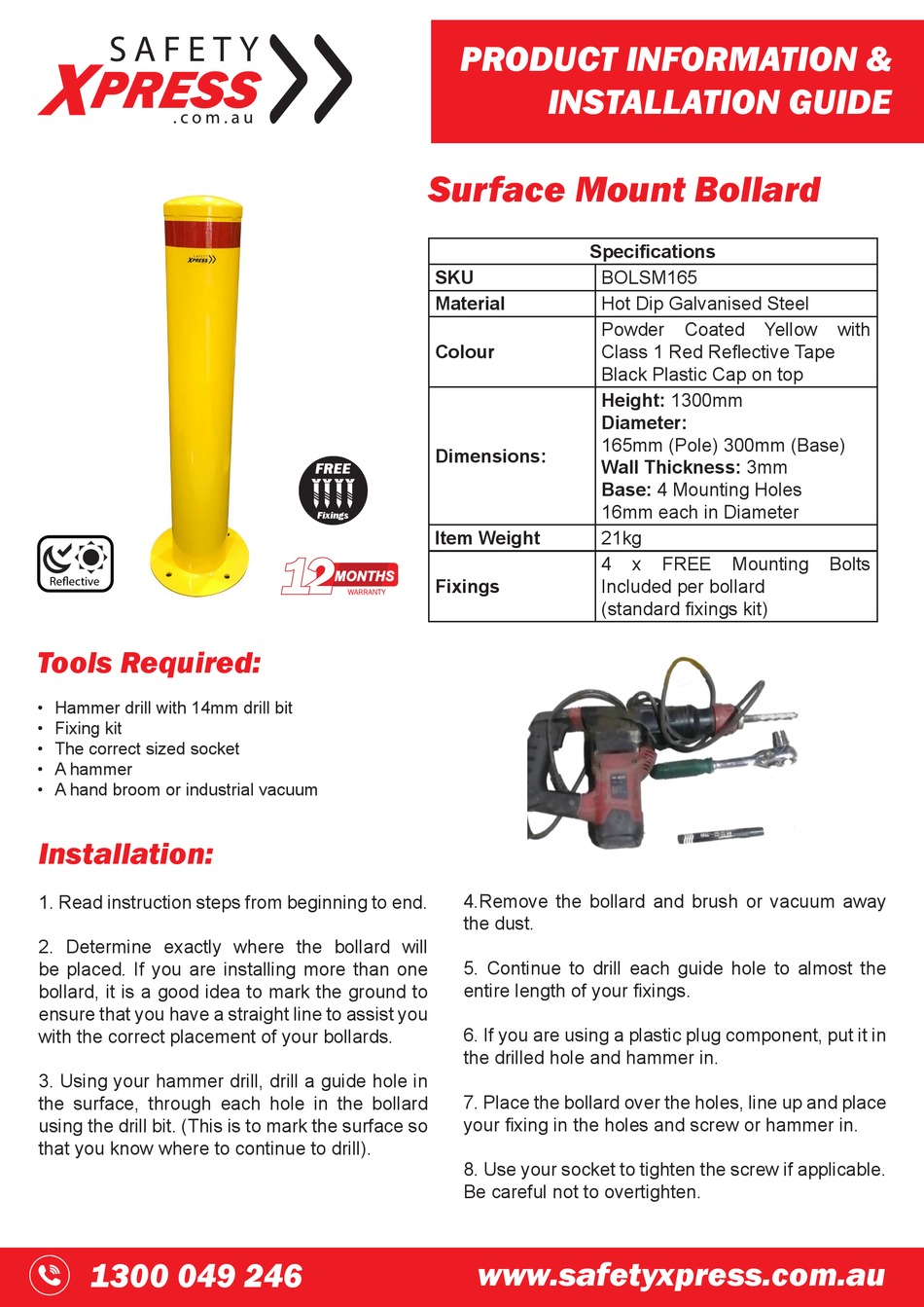 SAFETY XPRESS BOLSM165 PRODUCT INFORMATION & INSTALLATION MANUAL Pdf