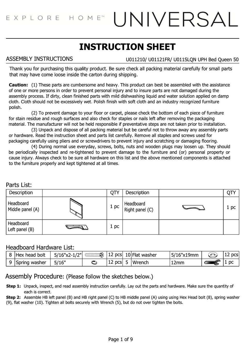 UNIVERSAL FURNITURE EXPLORE HOME U011210 INSTRUCTION SHEET Pdf Download