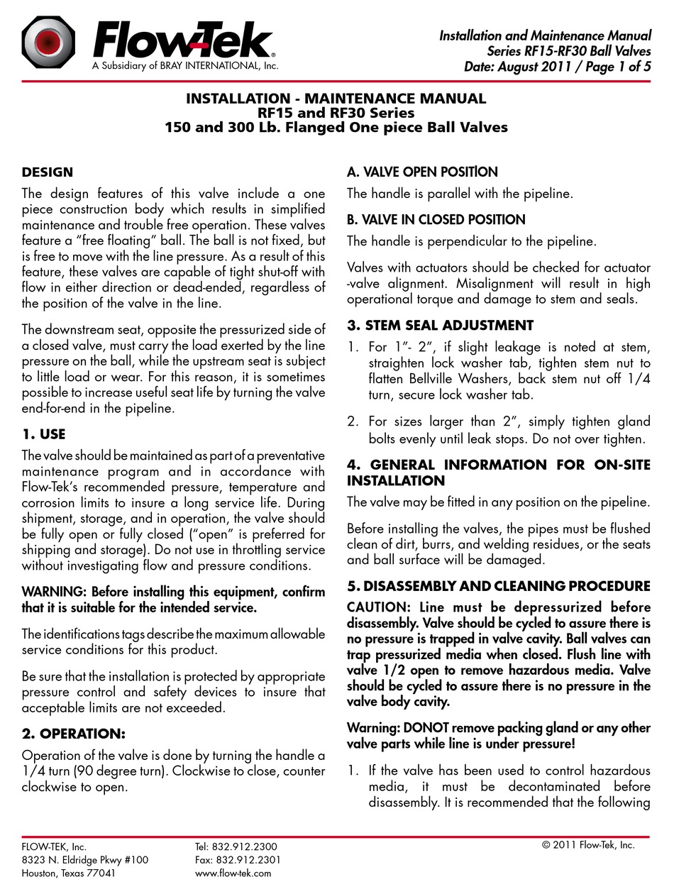 BRAY FLOWTEK RF15 SERIES INSTALLATION AND MAINTENANCE MANUAL Pdf
