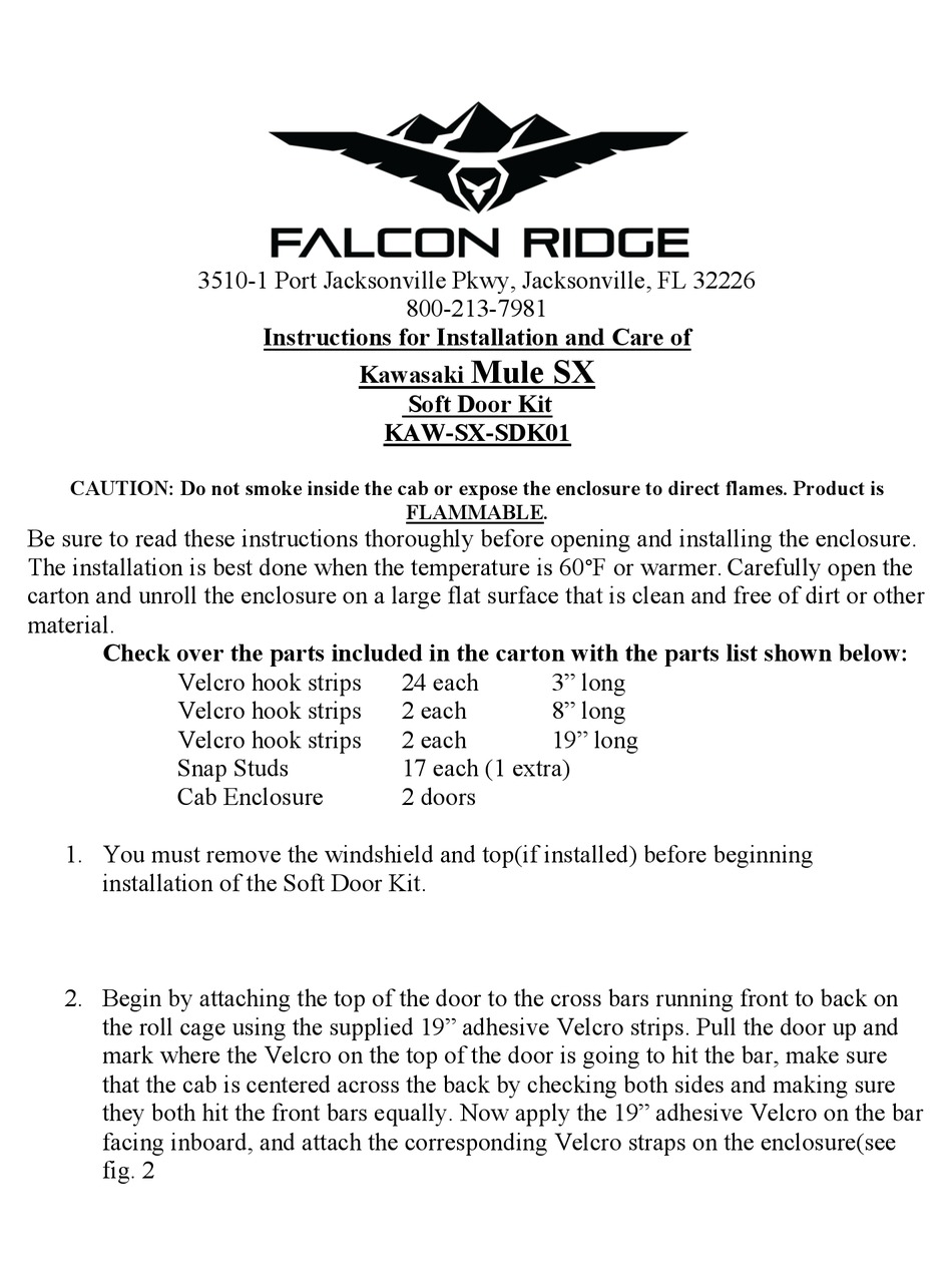 FALCON RIDGE KAWSXSDK01 INSTRUCTIONS FOR INSTALLATION AND CARE Pdf