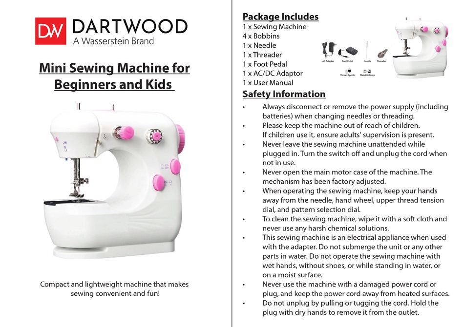 WASSERSTEIN DARTWOOD MINI SEWING MACHINE FOR BEGINNERS AND KIDS MANUAL