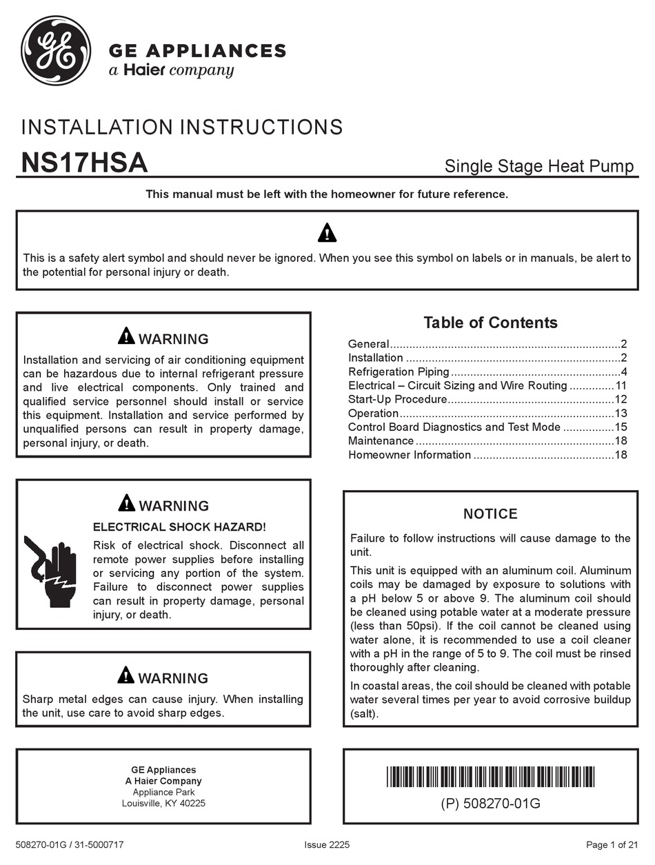 HAIER GE NS17HSA INSTALLATION INSTRUCTIONS MANUAL Pdf Download | ManualsLib