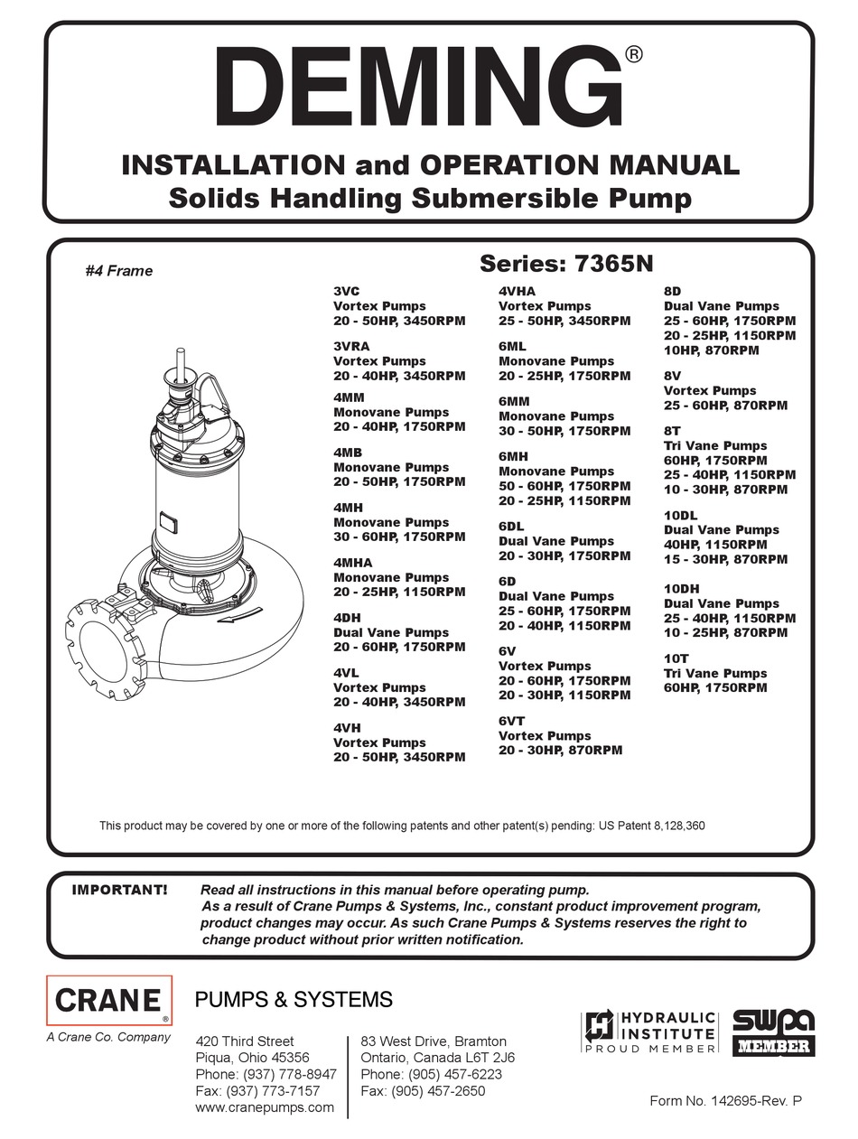 CRANE PUMPS & SYSTEMS 7365N SERIES INSTALLATION AND OPERATION MANUAL