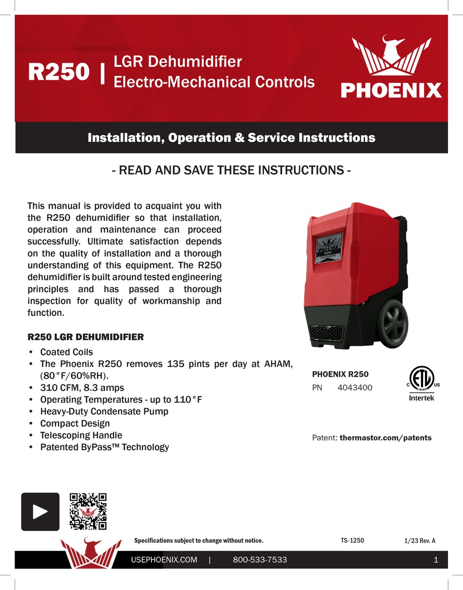 PHOENIX R250 INSTALLATION, OPERATION AND MAINTENANCE INSTRUCTIONS Pdf