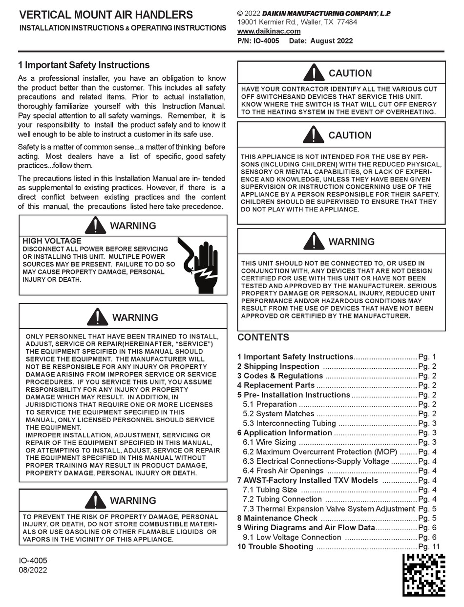 DAIKIN AWST18SU14 AA SERIES INSTALLATION INSTRUCTIONS MANUAL Pdf ...