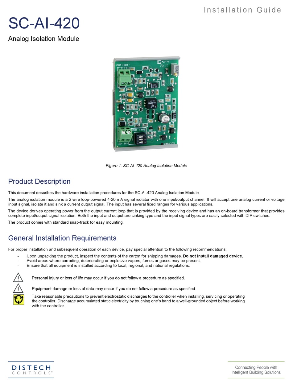 DISTECH CONTROLS SCAI420 INSTALLATION MANUAL Pdf Download ManualsLib