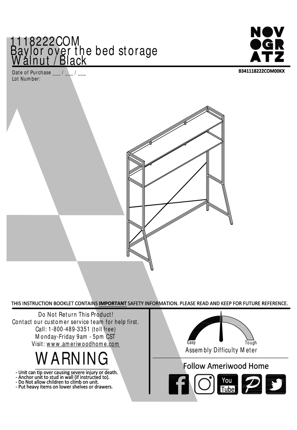 AMERIWOOD HOME NOVOGRATZ ASSEMBLY INSTRUCTIONS MANUAL Pdf
