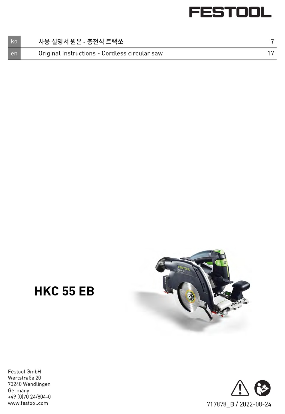 FESTOOL HKC 55 EB ORIGINAL INSTRUCTIONS MANUAL Pdf Download ManualsLib