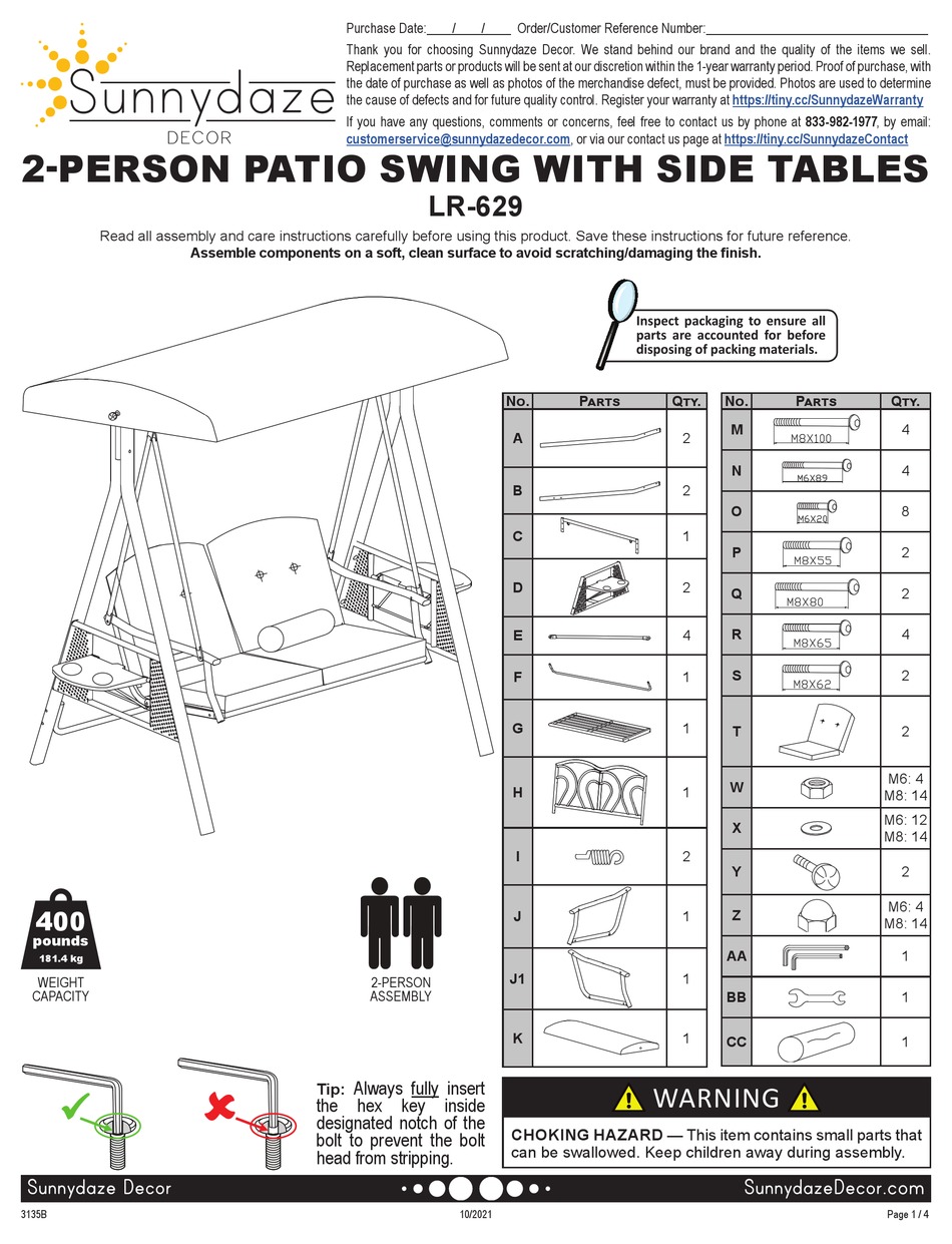 SUNNYDAZE DECOR LR629 ASSEMBLY INSTRUCTIONS Pdf Download ManualsLib