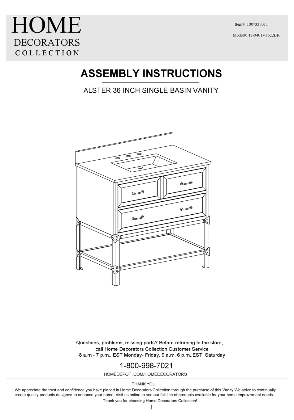 HOME DECORATORS COLLECTION ALSTER TJ0401V3622BR ASSEMBLY INSTRUCTIONS