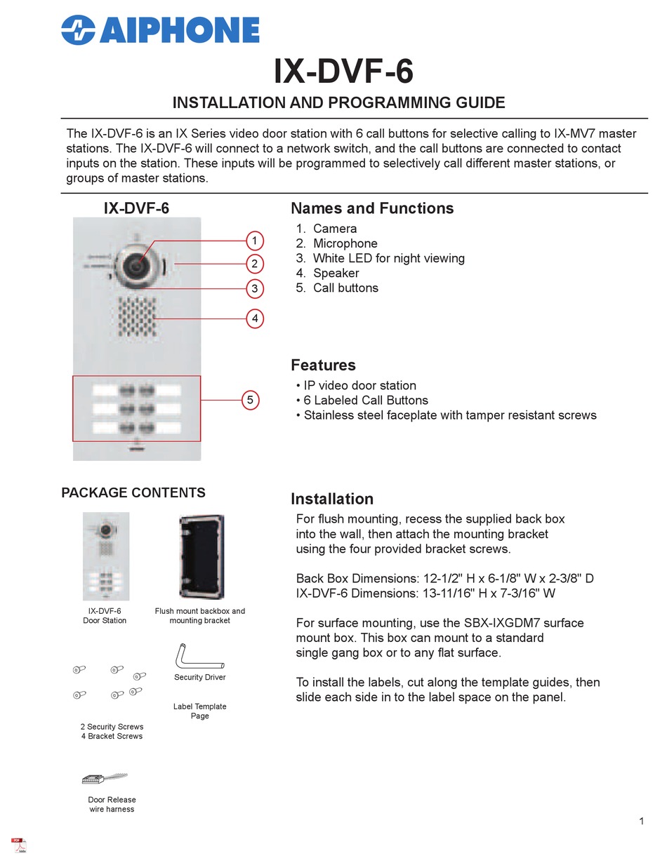 AIPHONE IXDVF6 INSTALLATION AND PROGRAMMING MANUAL Pdf Download