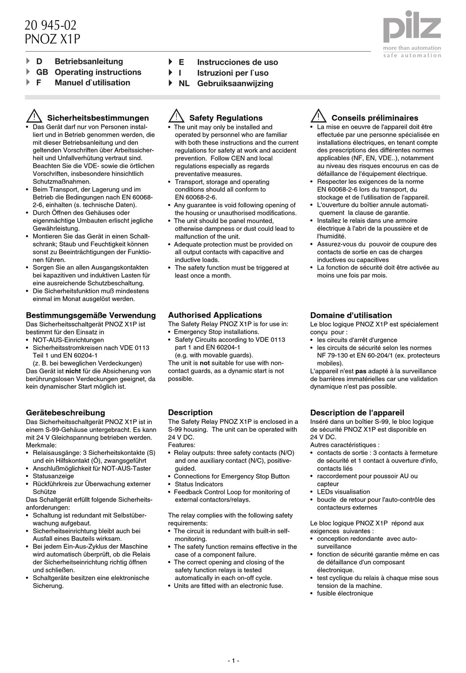 PILZ PNOZ X1P OPERATING INSTRUCTIONS MANUAL Pdf Download ManualsLib