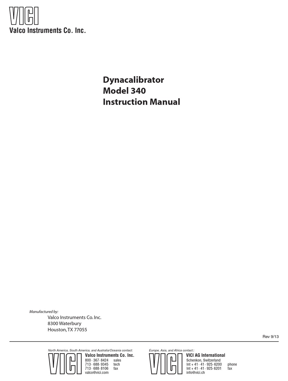 VALCO INSTRUMENTS CO. INC. 3400X INSTRUCTION MANUAL Pdf Download