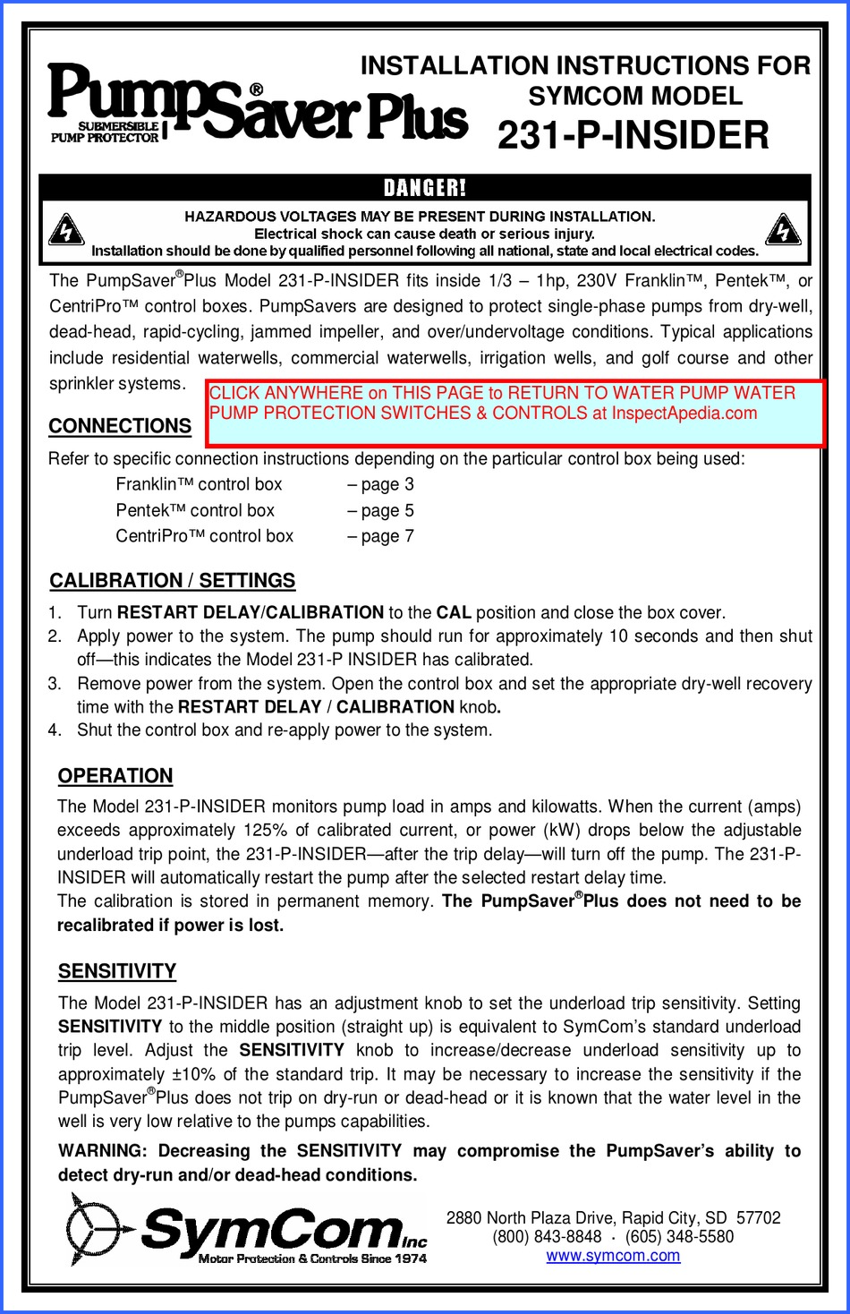 PUMPSAVER PLUS 231PINSIDER INSTALLATION INSTRUCTIONS MANUAL