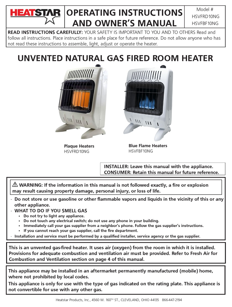 HEATSTAR HSVFBF10NG OPERATING INSTRUCTIONS AND OWNER'S MANUAL Pdf