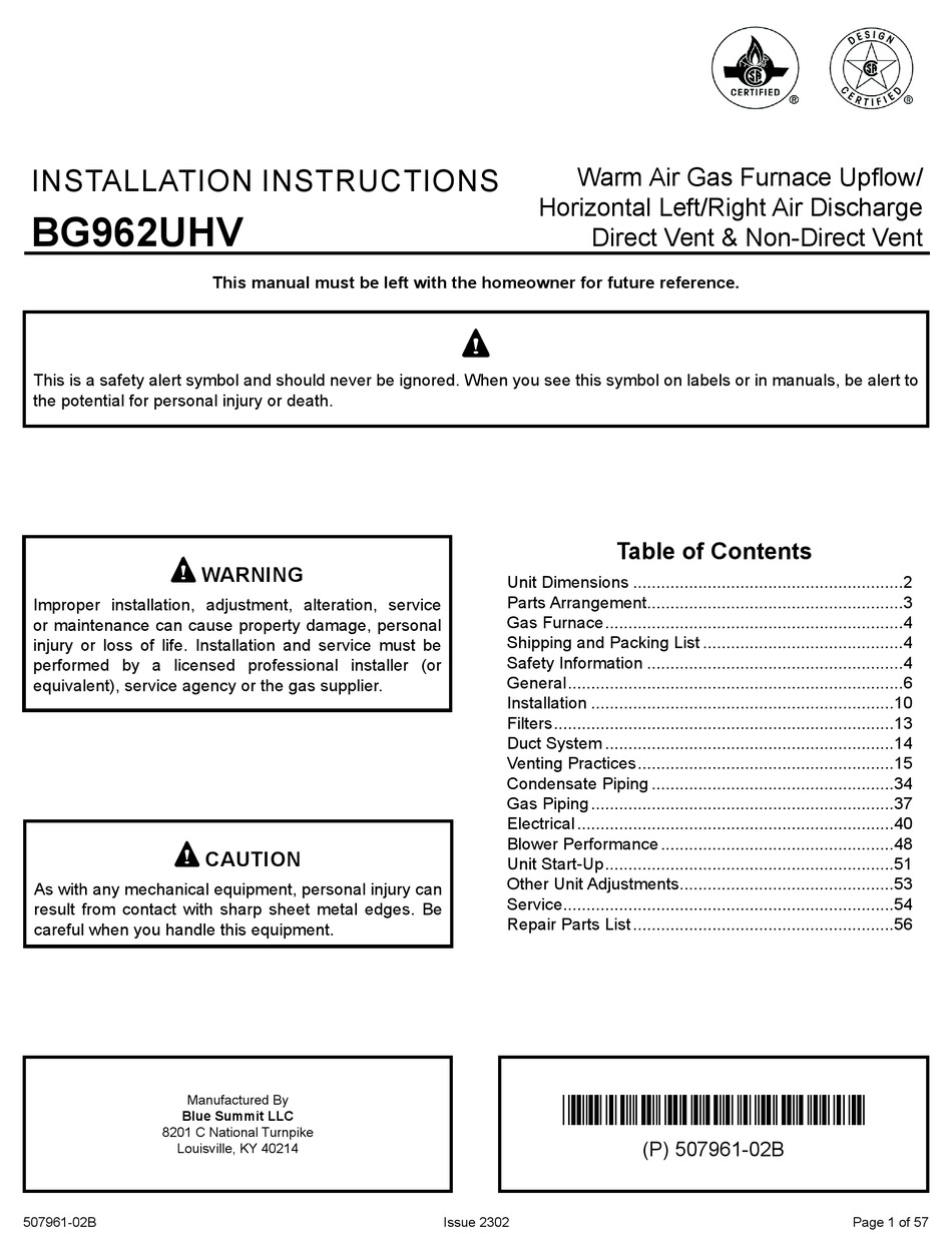 BLUERIDGE BG962UHV INSTALLATION INSTRUCTIONS MANUAL Pdf Download