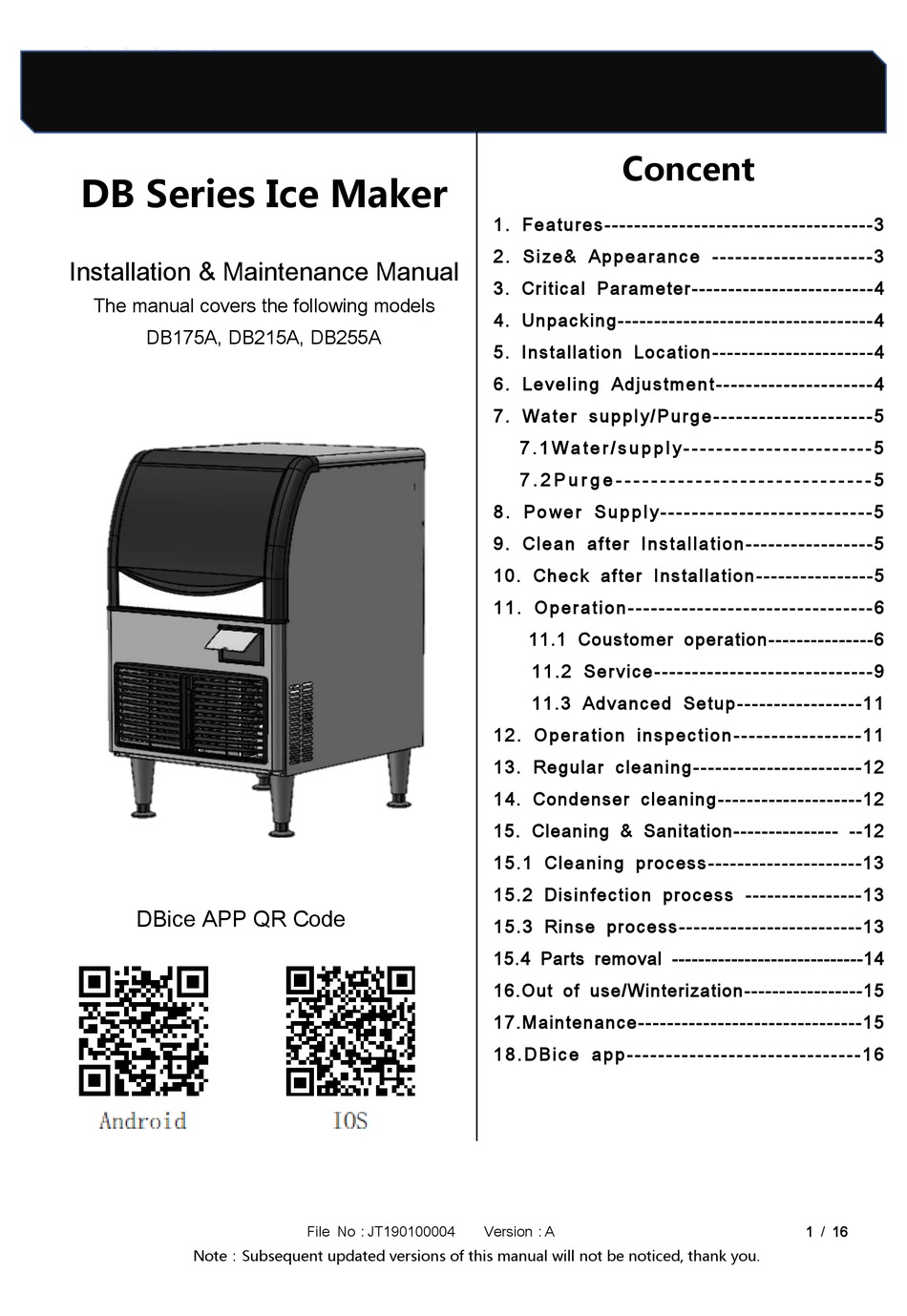 HOSHIZAKI DB SERIES INSTALLATION & MAINTENANCE MANUAL Pdf Download