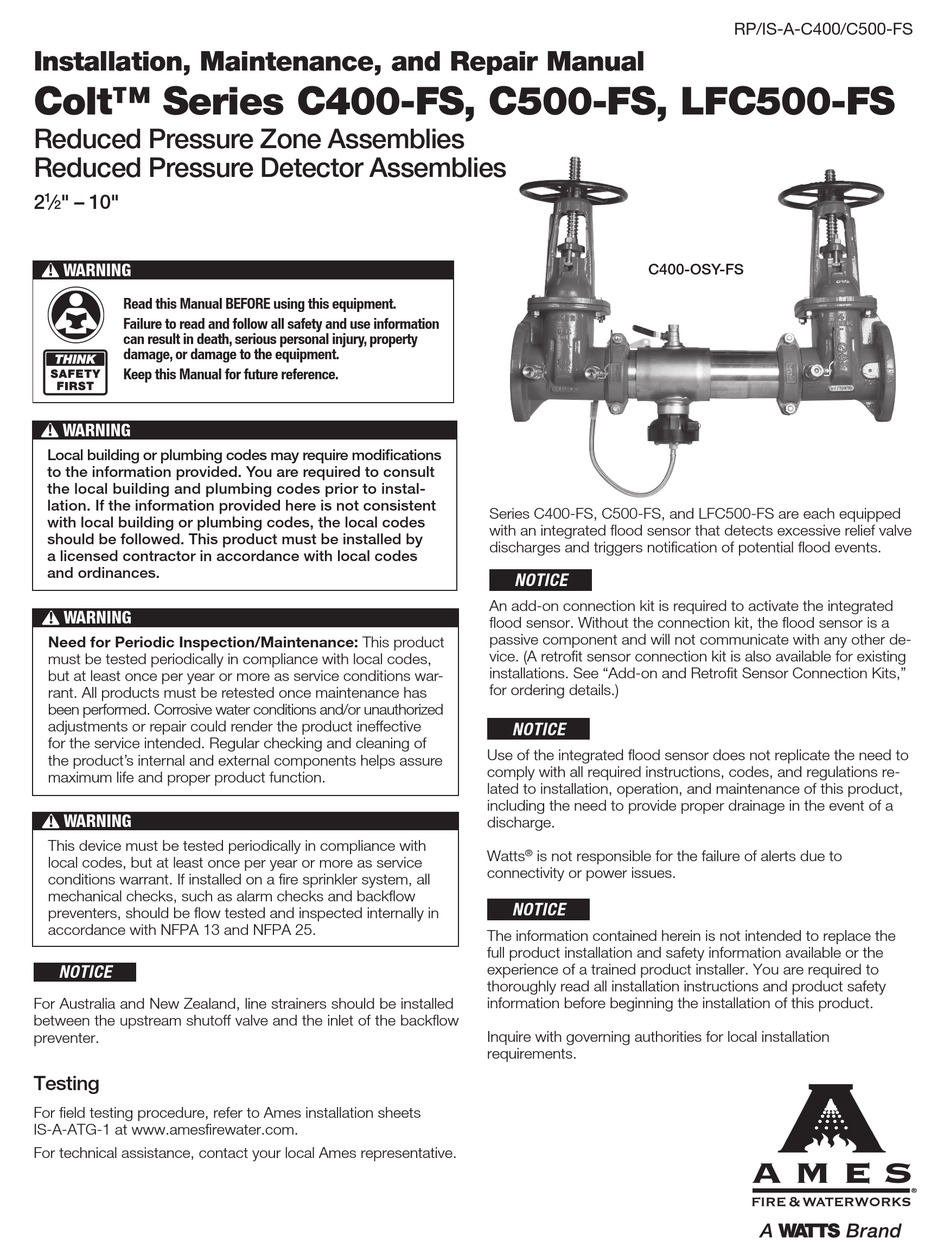 WATTS AMES COLT C400FS SERIES INSTALLATION MAINTENANCE REPAIR MANUAL