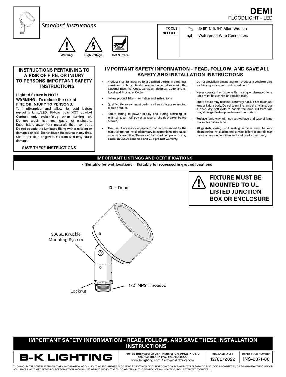 B K LIGHTING DEMI INSTRUCTIONS Pdf Download ManualsLib   B K Lighting Demi 