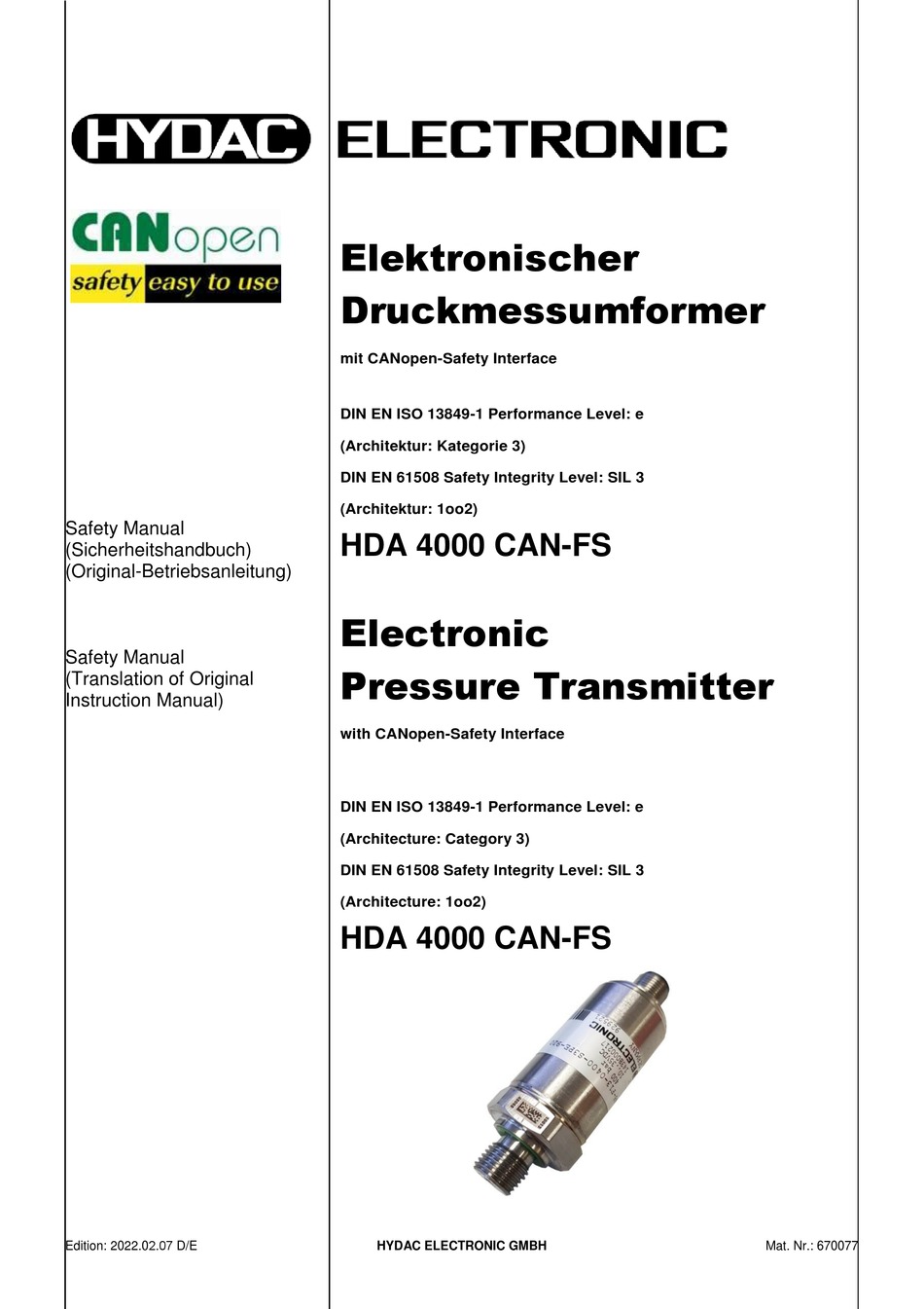 HYDAC HDA 4000 SERIES MANUAL Pdf Download ManualsLib