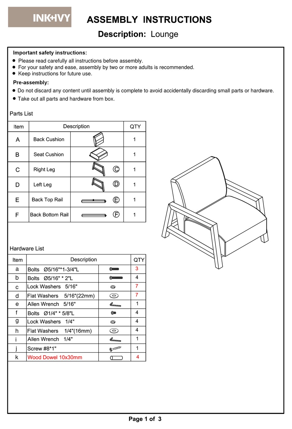 INK+IVY LOUNGE ASSEMBLY INSTRUCTIONS Pdf Download ManualsLib