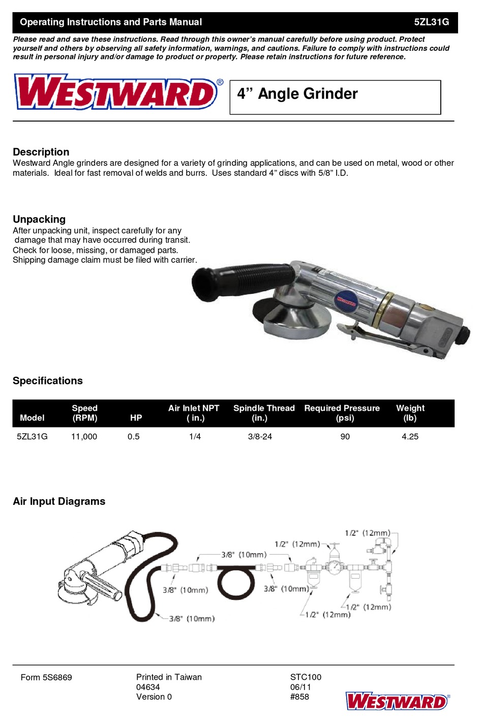 WESTWARD 5ZL31G OPERATING INSTRUCTIONS AND PARTS MANUAL Pdf Download