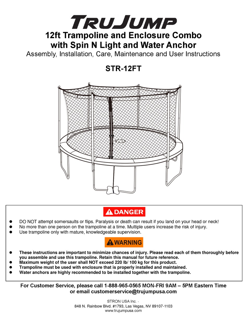 TRUJUMP STR12FT ASSEMBLY, INSTALLATION, CARE, MAINTENANCE AND USER INSTRUCTIONS Pdf Download