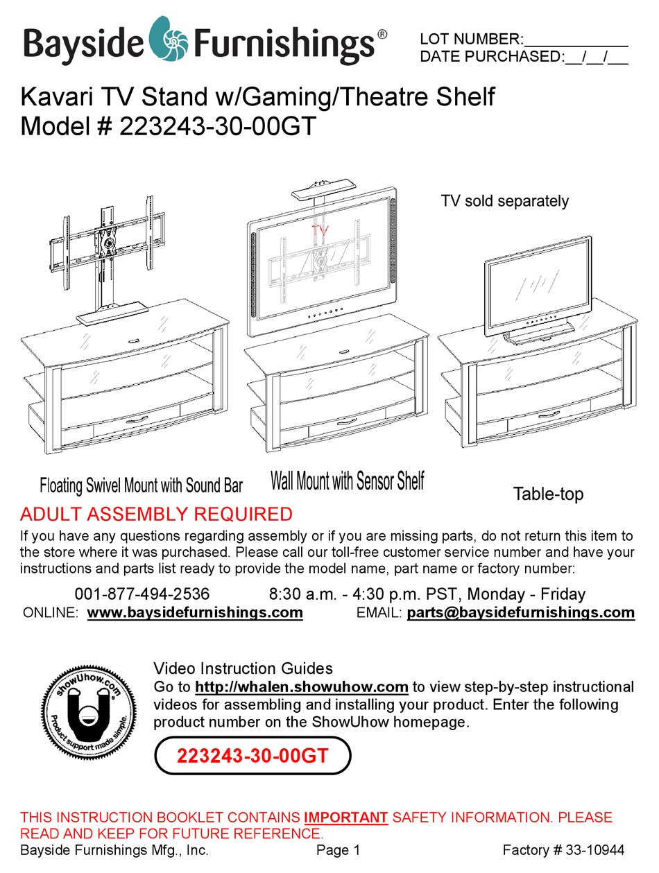 BAYSIDE FURNISHINGS KAVARI 2232433000GT MANUAL Pdf Download ManualsLib