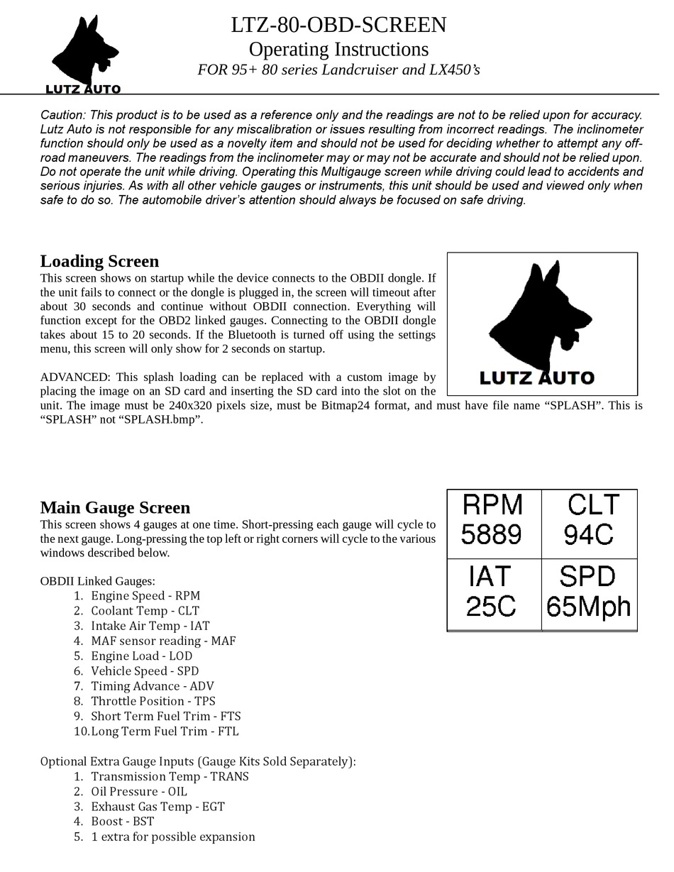 LUTZ AUTO LTZ80OBDSCREEN OPERATING INSTRUCTIONS Pdf Download