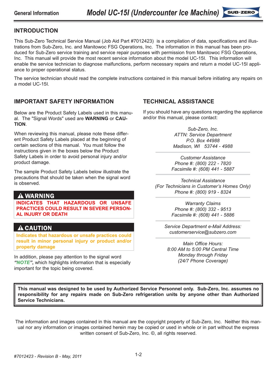 SUBZERO UC15I SERVICE MANUAL Pdf Download ManualsLib