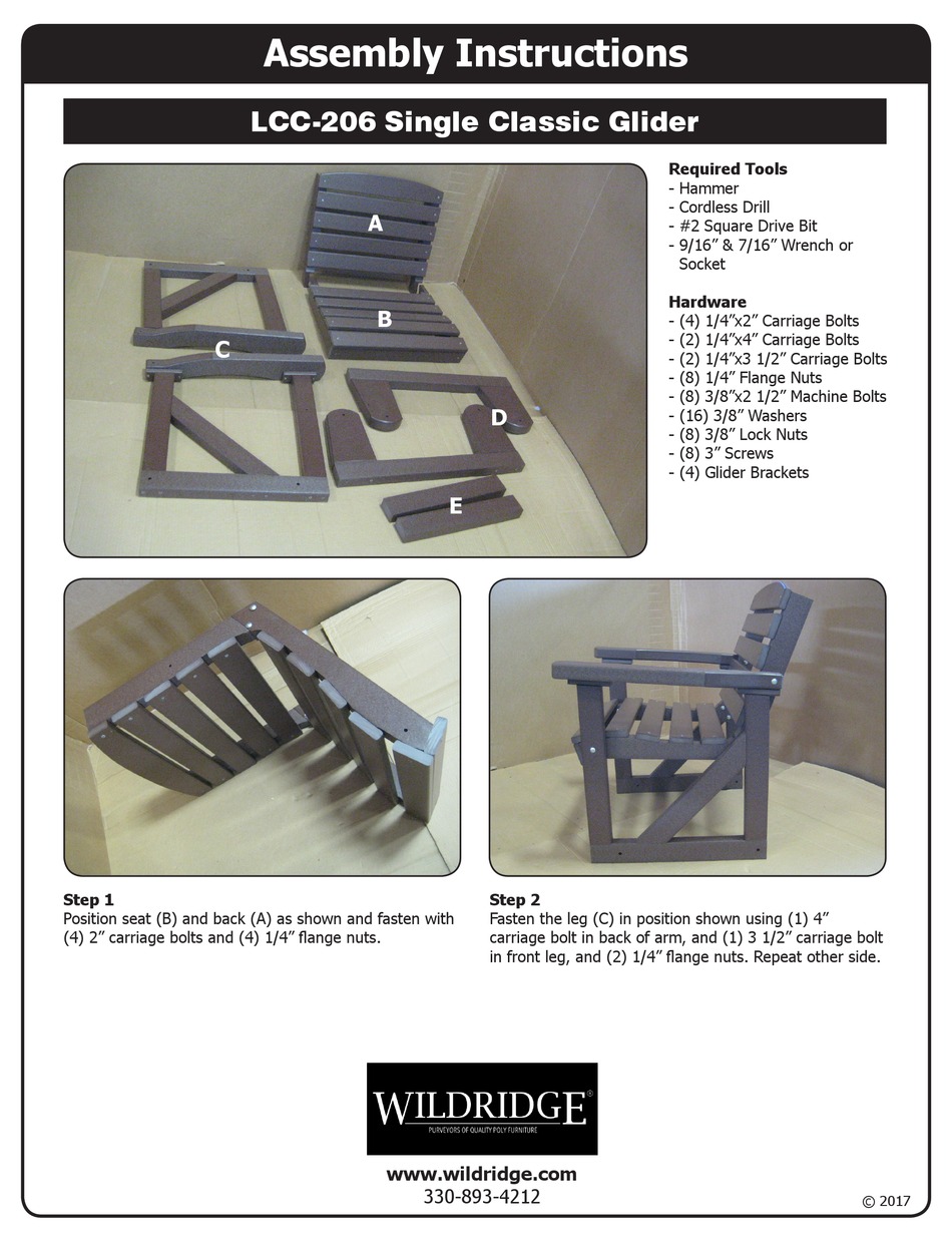 WILDRIDGE SINGLE CLASSIC GLIDER LCC206 ASSEMBLY INSTRUCTIONS Pdf