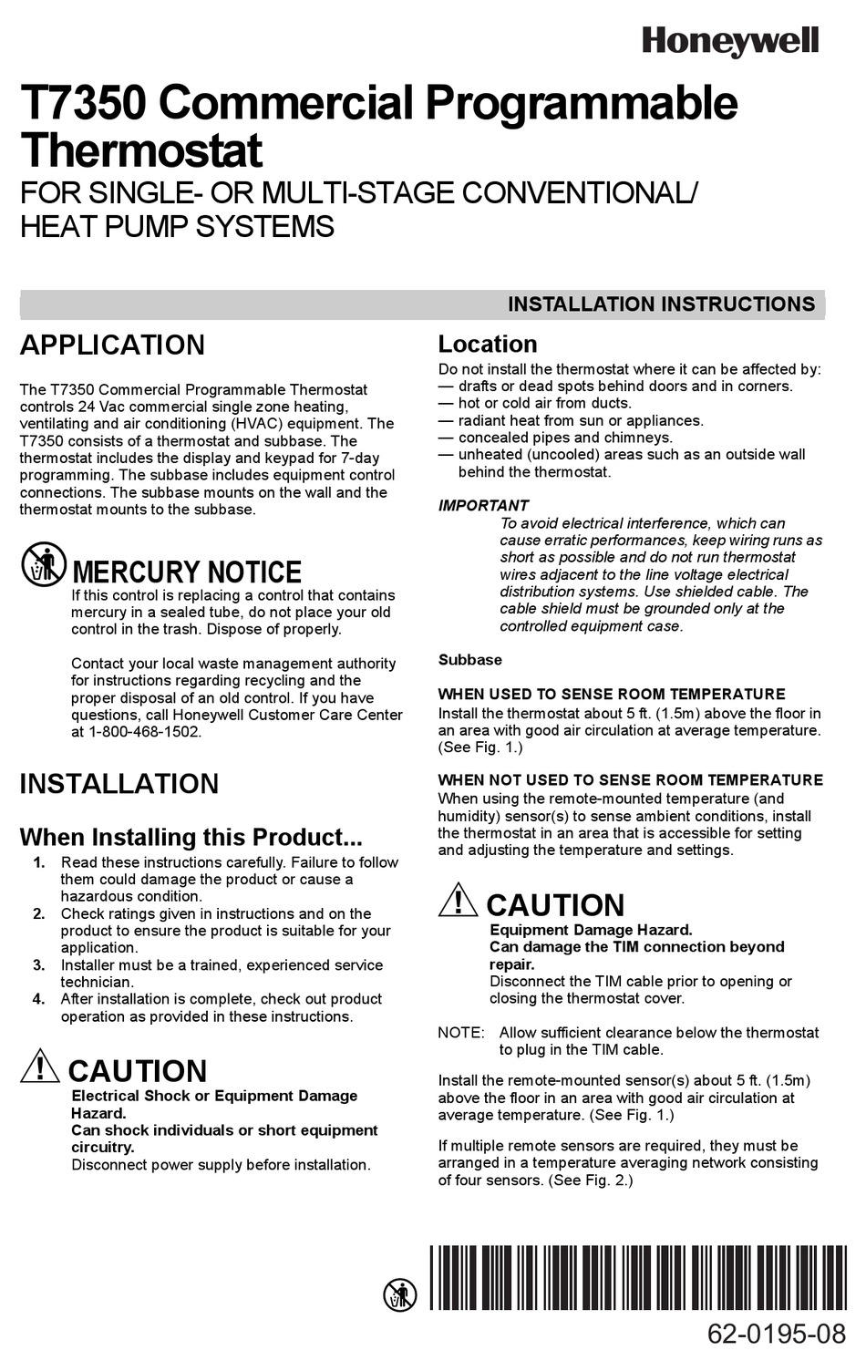 HONEYWELL T7350 INSTALLATION INSTRUCTIONS MANUAL Pdf Download ManualsLib