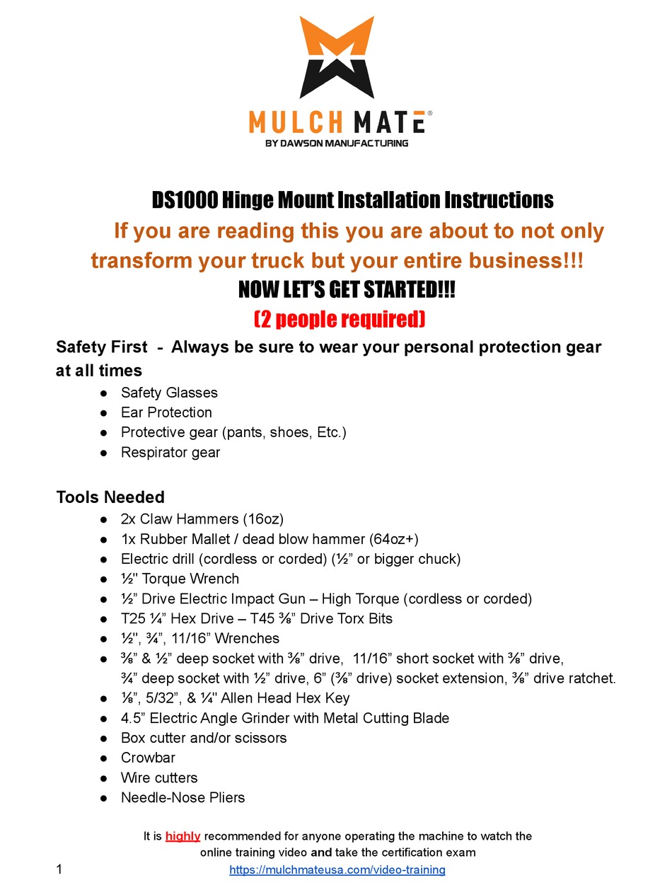 DAWSON MULCH MATE DS1000 INSTALLATION INSTRUCTIONS MANUAL Pdf Download