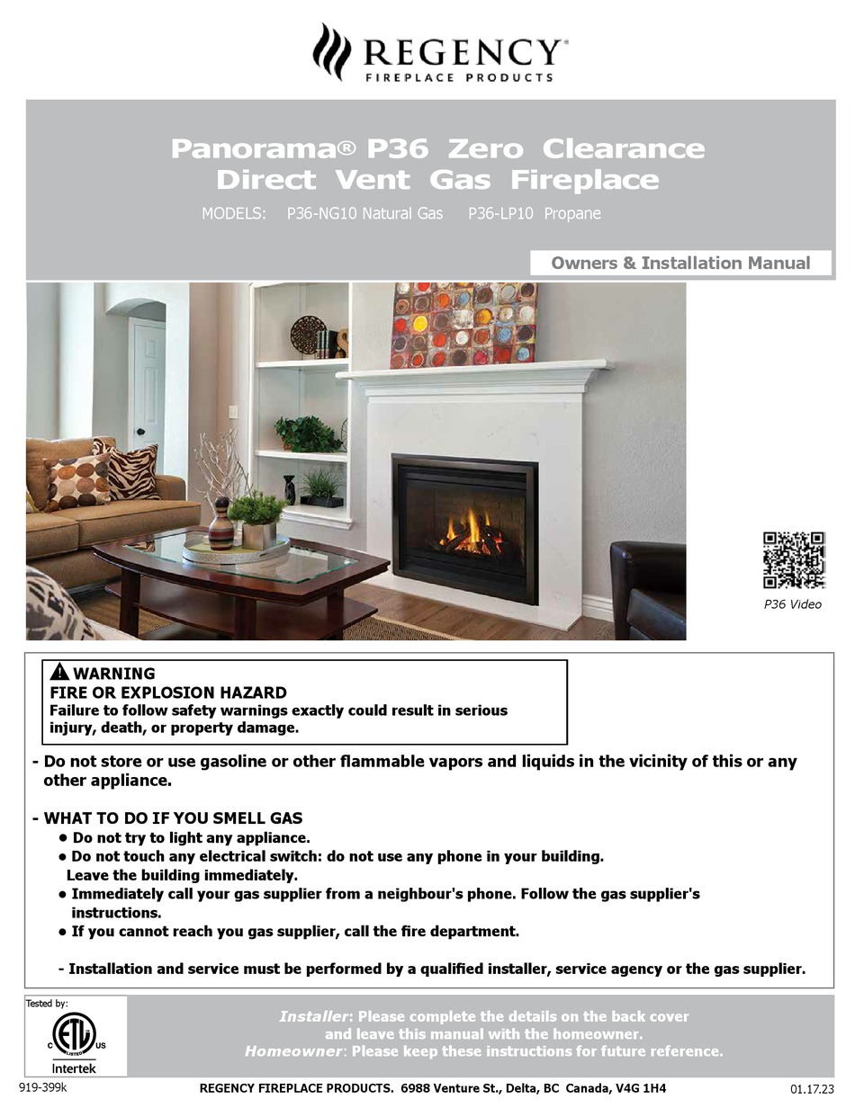 REGENCY FIREPLACE PRODUCTS PANORAMA P36 OWNERS & INSTALLATION MANUAL