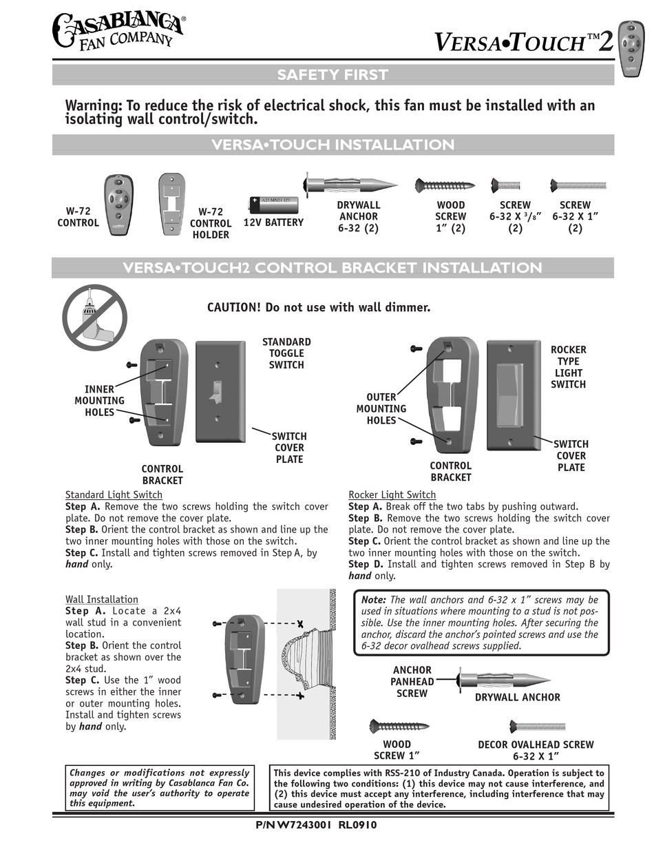 CASABLANCA VERSA TOUCH 2 QUICK START MANUAL Pdf Download ManualsLib
