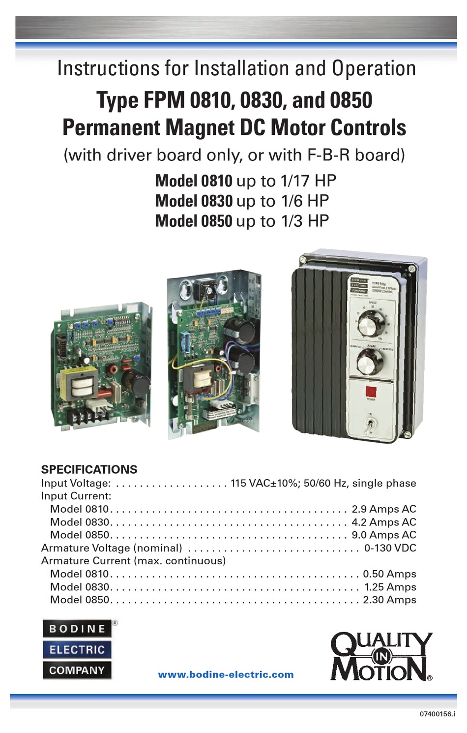 BODINE QUALITY IN MOTION 0810 INSTRUCTIONS FOR INSTALLATION AND
