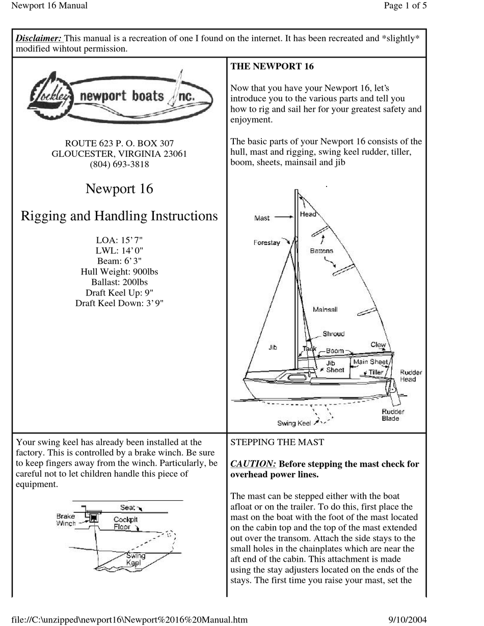 LOCKLEY NEWPORT BOATS NEWPORT 16 RIGGING AND HANDLING INSTRUCTIONS Pdf ...