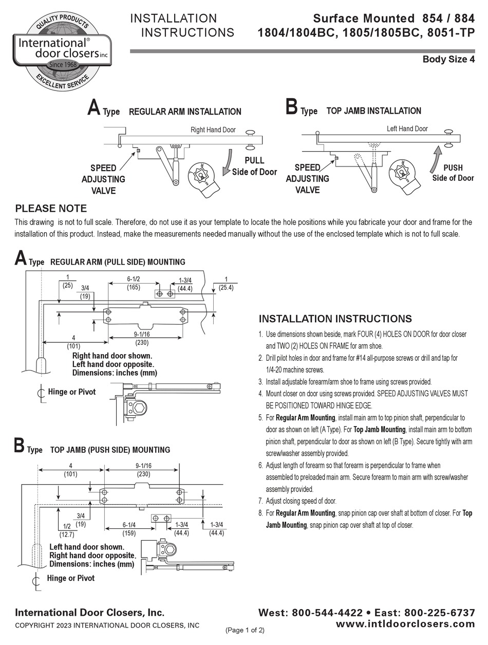 INTERNATIONAL DOOR CLOSERS 854 INSTALLATION INSTRUCTIONS Pdf Download