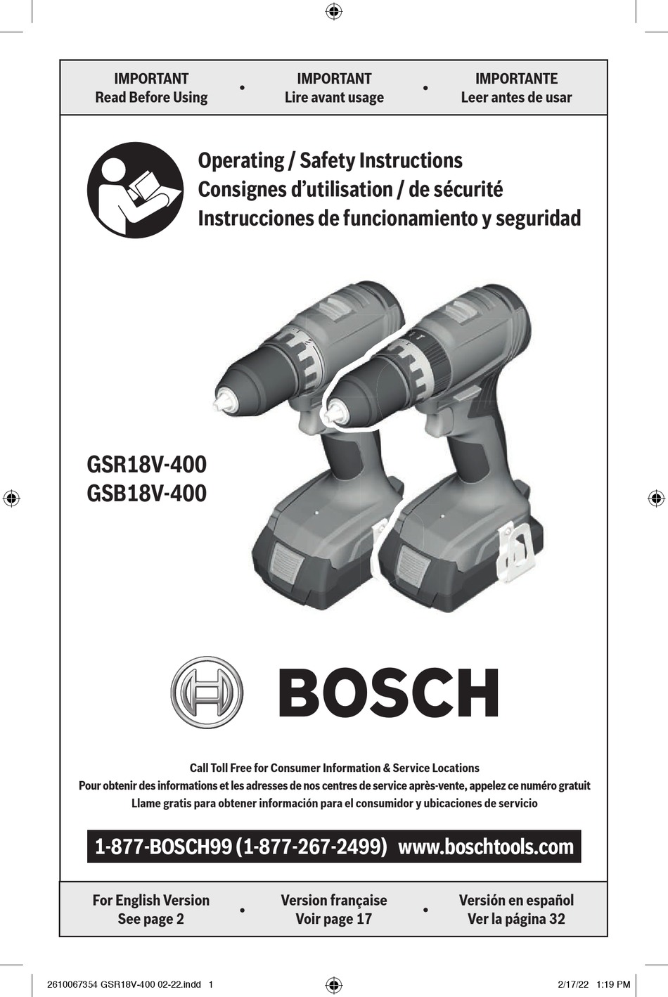 BOSCH GSR18V400 OPERATING/SAFETY INSTRUCTIONS MANUAL Pdf Download