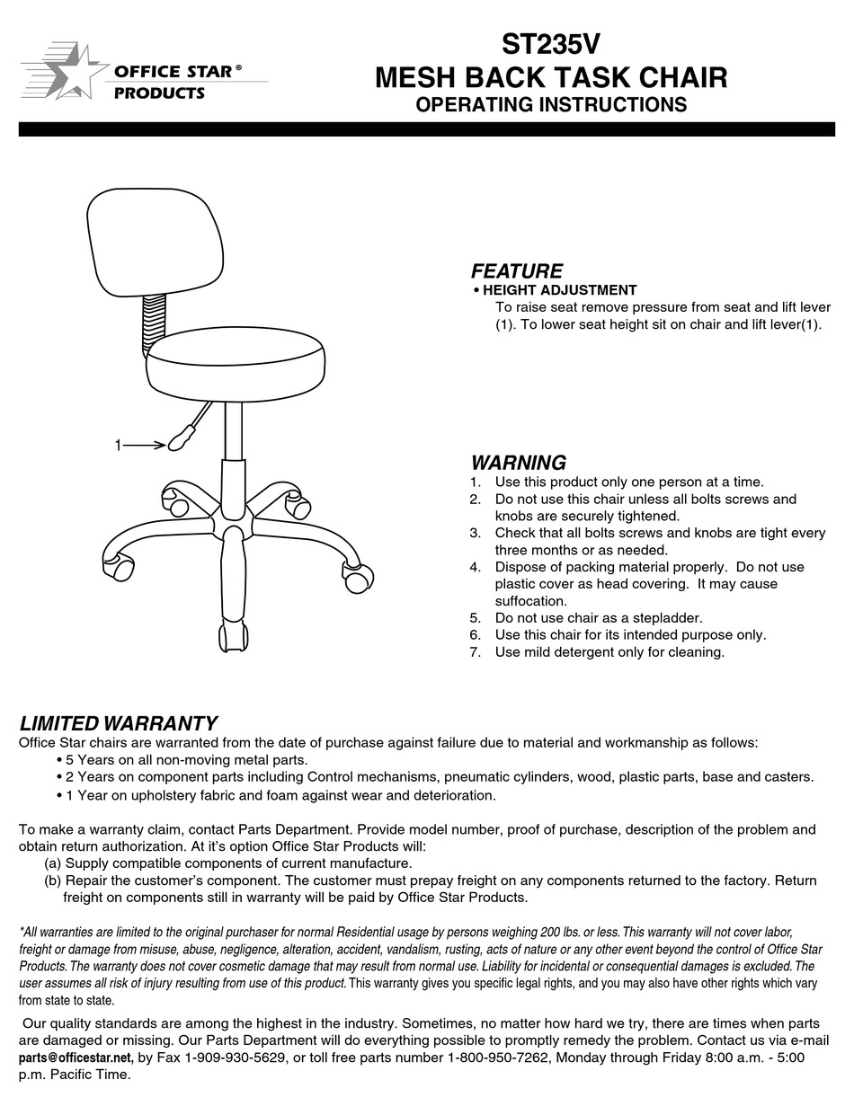 OFFICE STAR PRODUCTS ST235V OPERATING INSTRUCTIONS Pdf Download