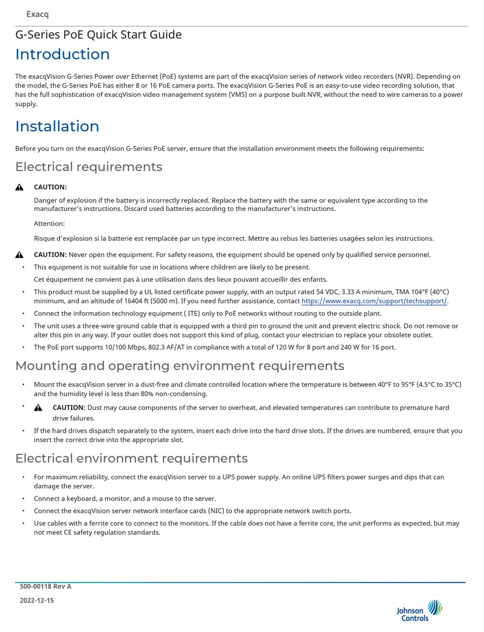 JOHNSON CONTROLS EXACQVISION G SERIES QUICK START MANUAL Pdf Download