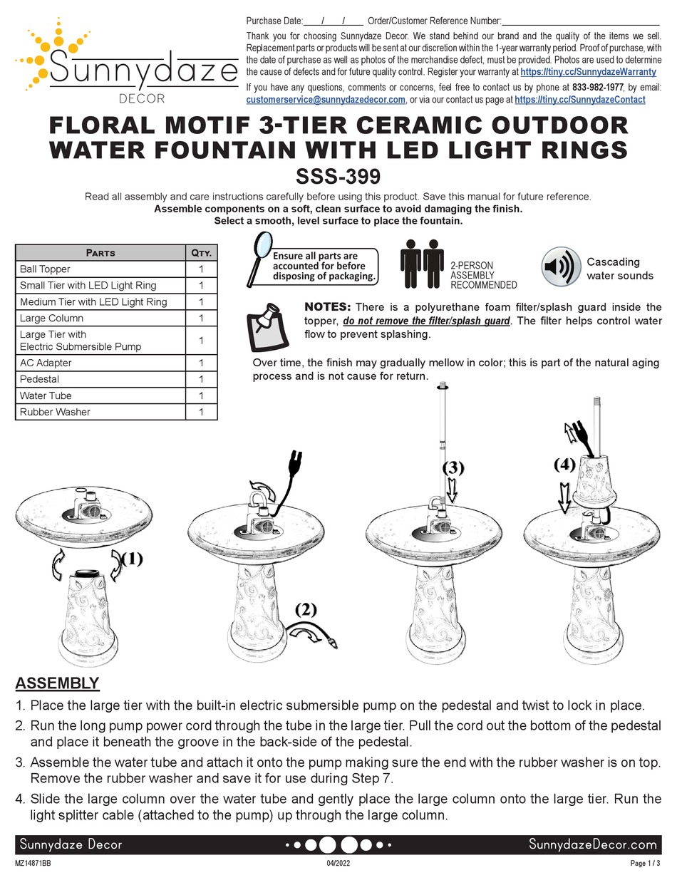 SUNNYDAZE DECOR SSS399 ASSEMBLY AND CARE INSTRUCTIONS Pdf Download