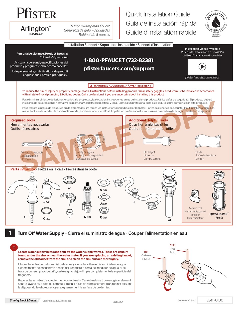 Pfister Arlington F Ar Quick Installation Manual Pdf Download