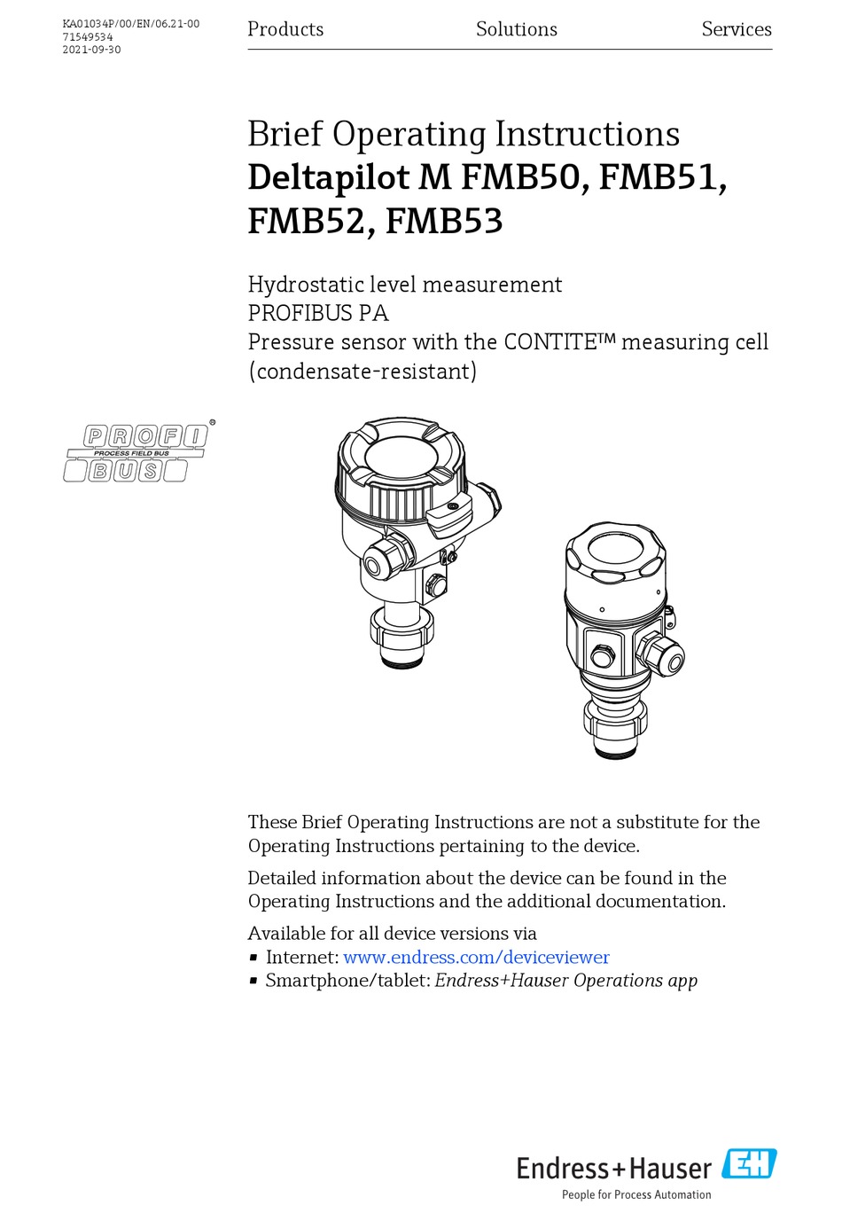 ENDRESS+HAUSER DELTAPILOT M FMB50 BRIEF OPERATING INSTRUCTIONS Pdf