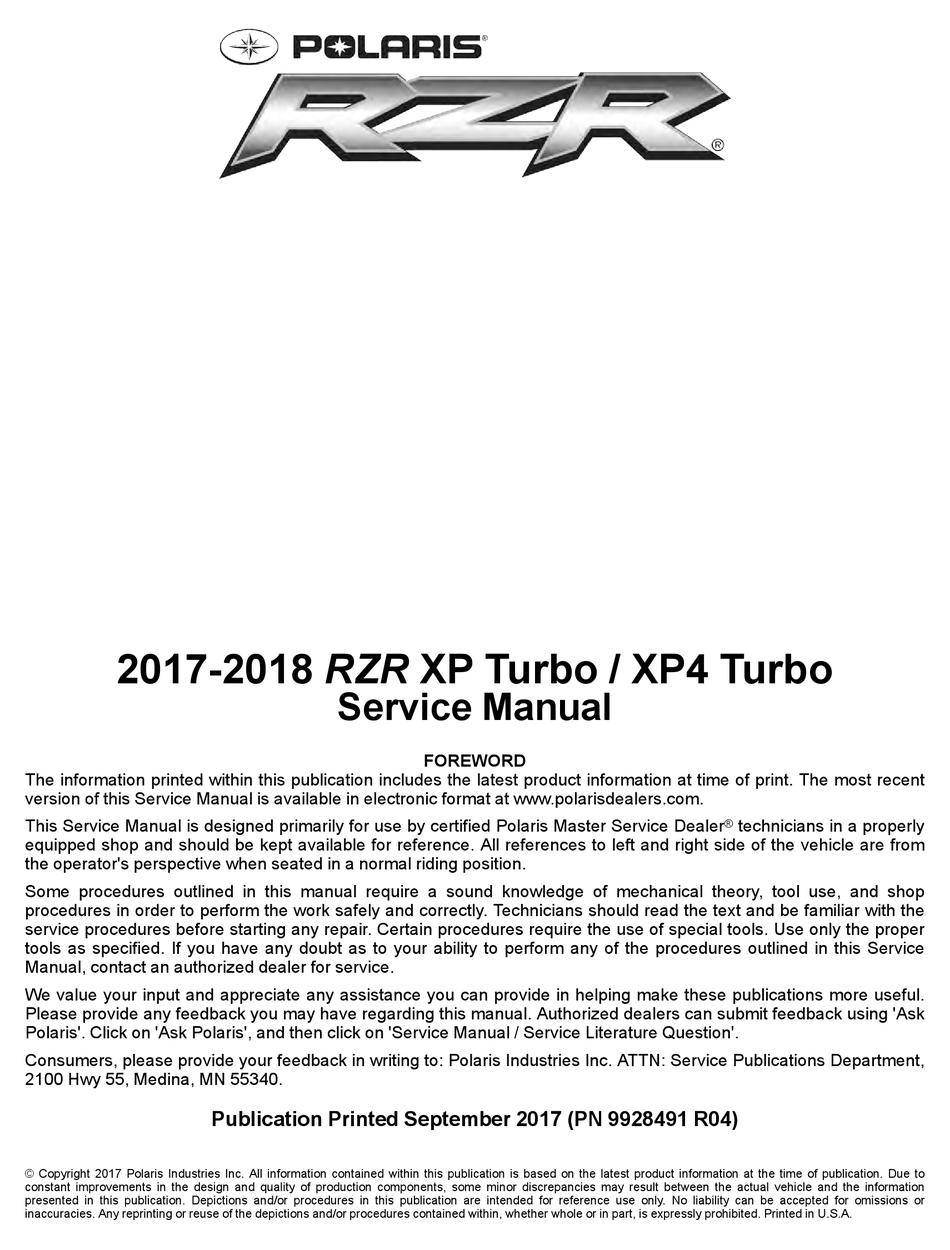 POLARIS RZR XP TURBO SERVICE MANUAL Pdf Download ManualsLib