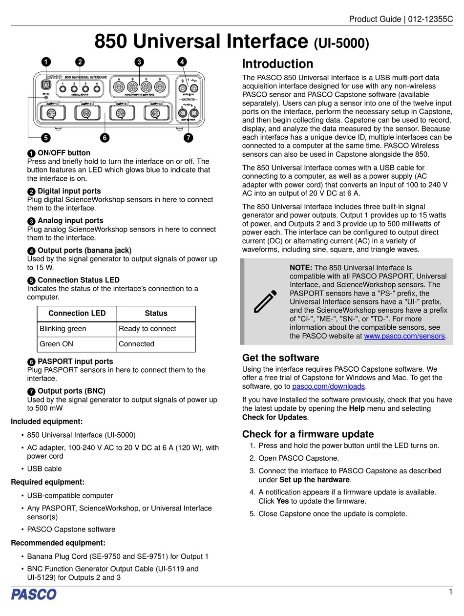 PASCO 850 UNIVERSAL INTERFACE PRODUCT MANUAL Pdf Download | ManualsLib